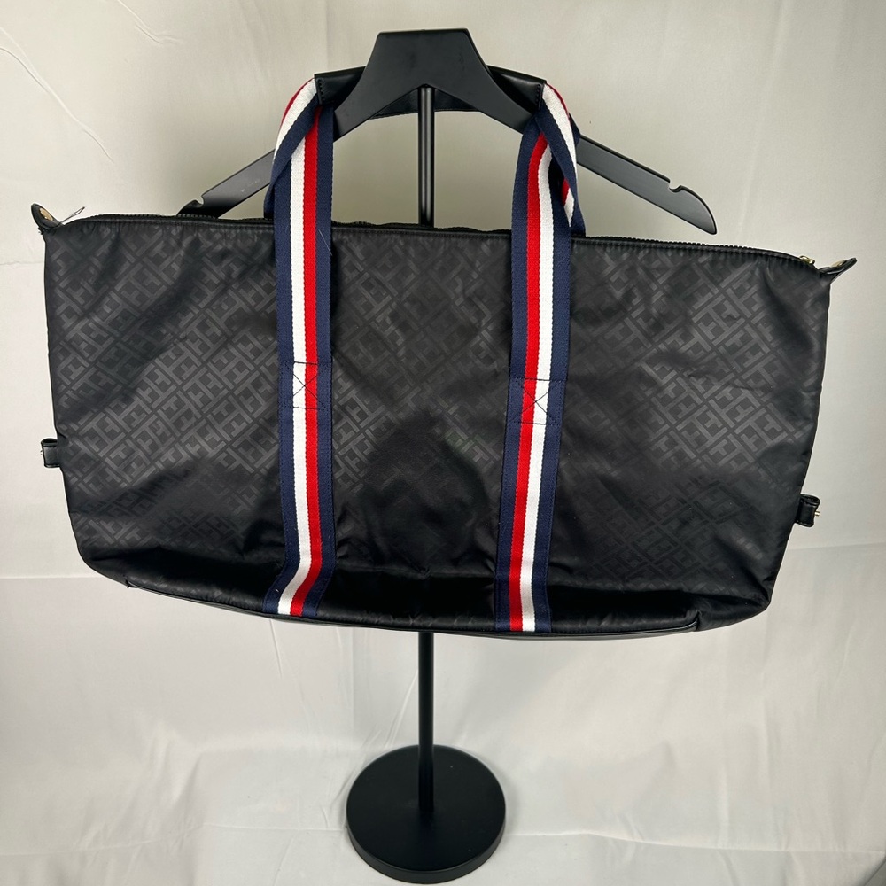 Tommy Hilfiger Large Black Duffel / Tote  Bag with Red, White, and Blue Straps - Picture 2 of 7